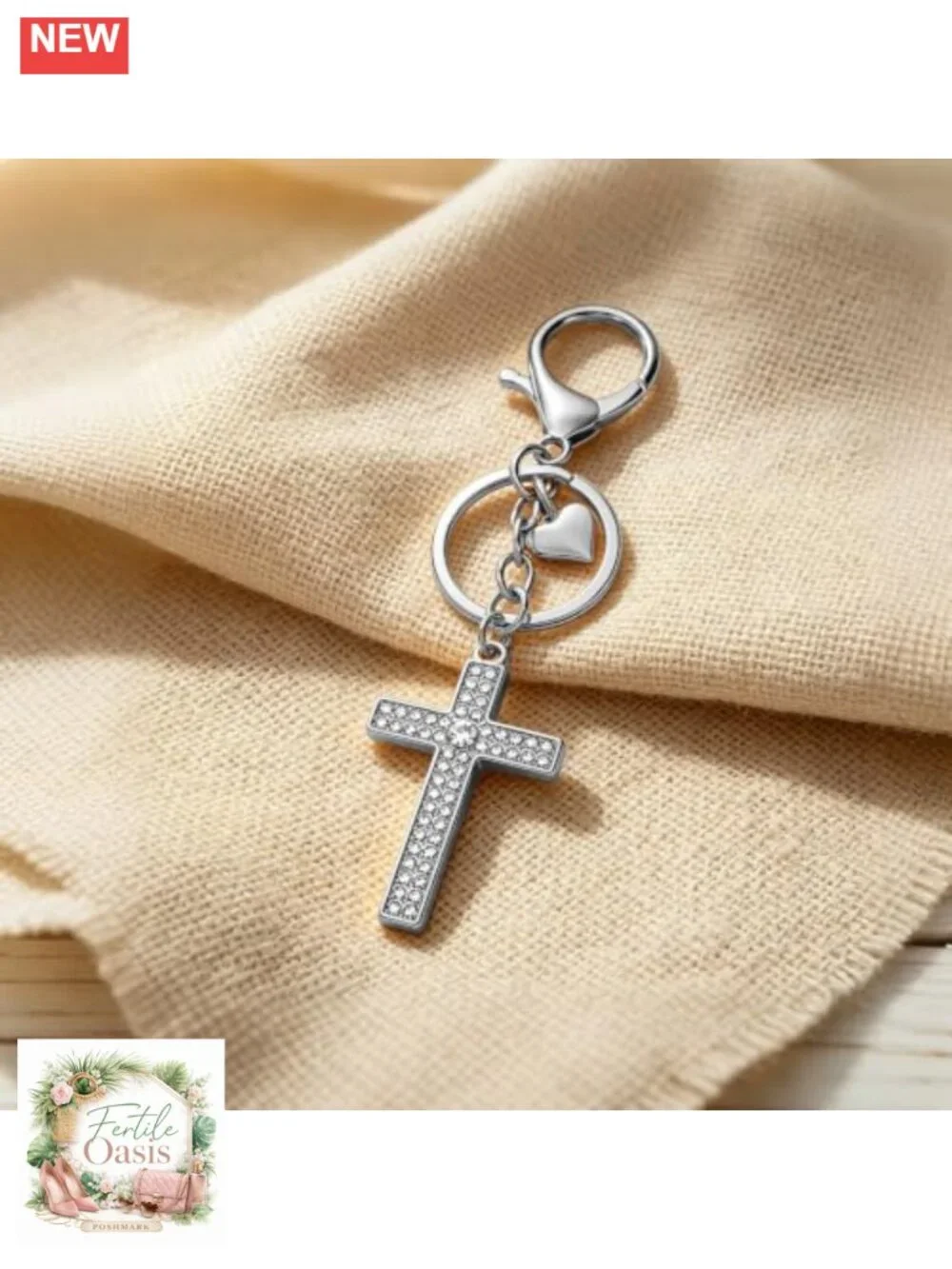 Gold Plated Cross Keychain with Heart Charm Bag Charm Purse Accessories for